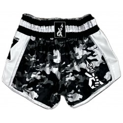 Short Muay Thaï Satiné Brave Art – Camouflage Noir, Gris & Blanc