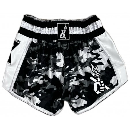 Short Muay Thaï Satiné Brave Art – Camouflage Noir, Gris & Blanc