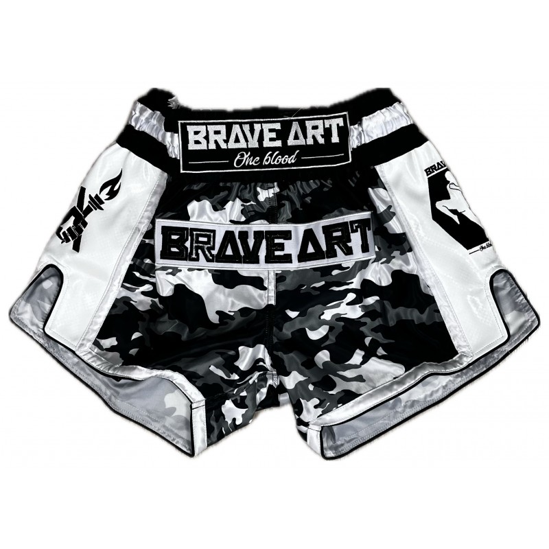 Short Muay Thaï Satiné Brave Art – Camouflage Noir, Gris & Blanc Short Muay Thaï Satiné Brave Art – Camouflage Noir, Gris & Blanc