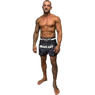 Brave Art Satin Muay Thai Shorts – Black & Grey Camo – Power & Style
