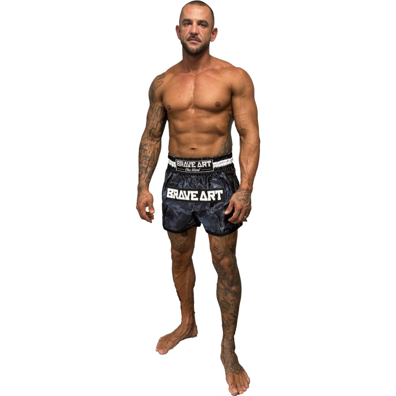 Brave Art Satin Muay Thai Shorts – Black, Grey & Dark Grey Camo
