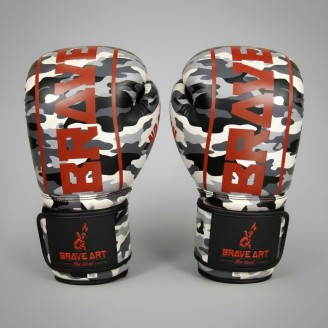 Brave Art Classic One Boxing Gloves – Grey, Black & White Camo with Red Logo