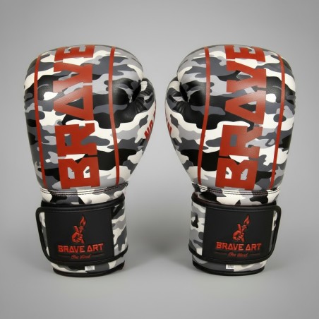 Brave Art Classic One Boxing Gloves – Grey, Black & White Camo with Red Logo