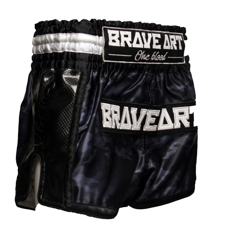 Brave Art Satin Muay Thai Shorts – Black, Grey & Dark Grey Camo Brave Art Satin Muay Thai Shorts – Black, Grey & Dark Grey Camo