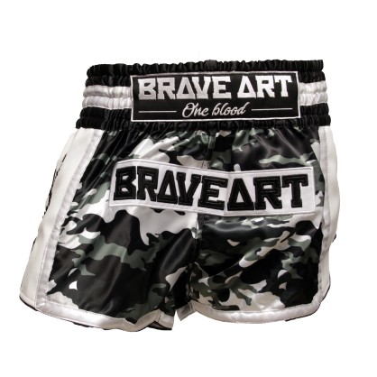 Brave Art Muay Thai Satin Shorts – Black, Grey & White Camo – Style Meets Power